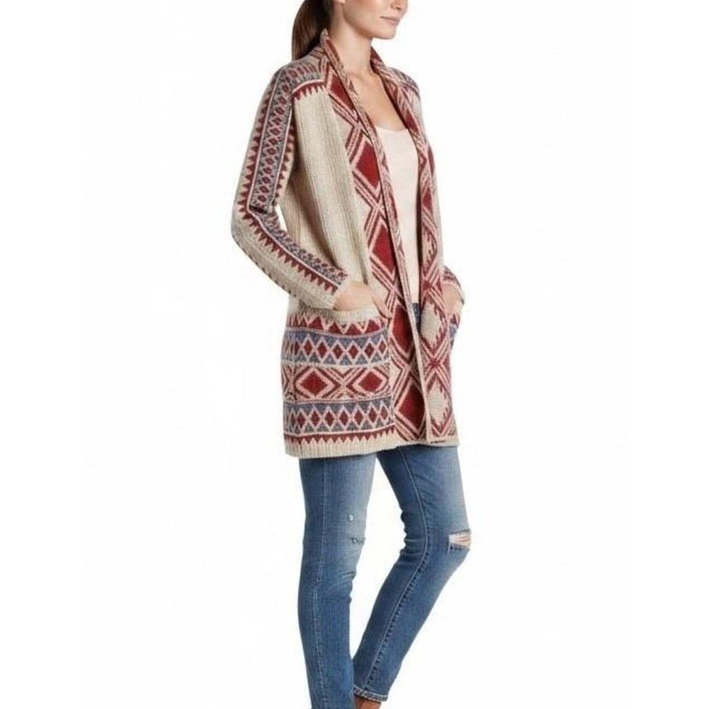 Lucky Brand Womens Red Blue Southwestern Geometric Open Front Cardigan Sweater S